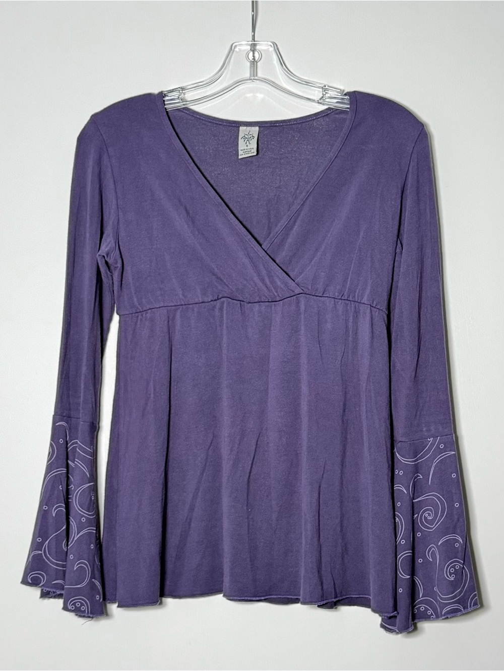 Prana Purple Surplice Long Sleeve Bamboo Top with Printed Bell Cuffs. Small